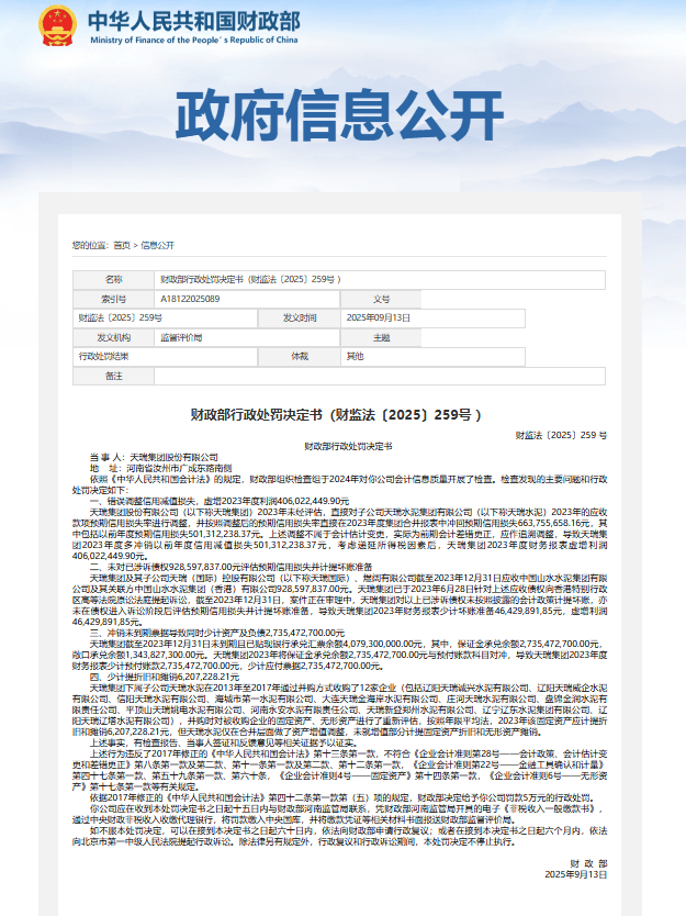 天瑞集團股份有限公司因4項問題被行政處罰:廢舊物資回收